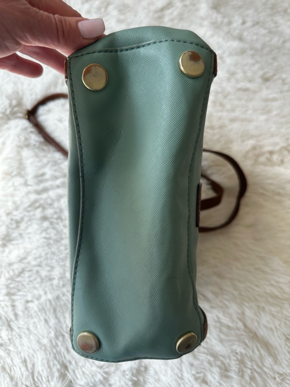 Fossil Sage Green Crossbody Shoulder Tote Bag Brown Leather Trim Everyday Purse - Picture 6 of 13